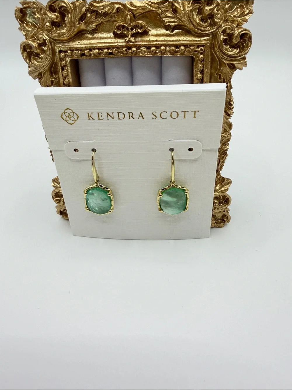 Kendra Scott Gold-Tone Drop Earrings with Light Green Stones - Picture 6 of 6
